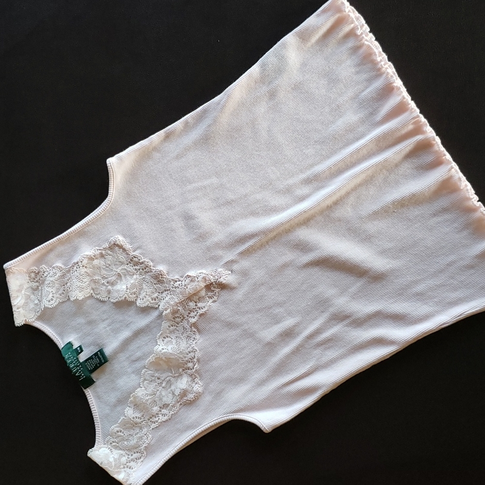 Peach pink ribbed lace trim tank top